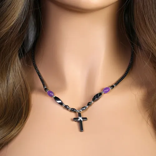 18" Small Cross w/ Purple Beads Hematite Necklace