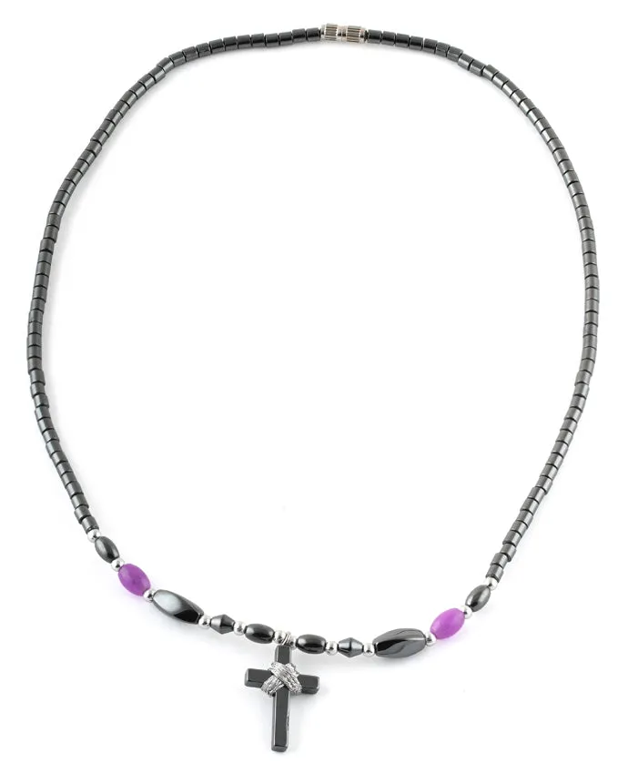 18" Small Cross w/ Purple Beads Hematite Necklace
