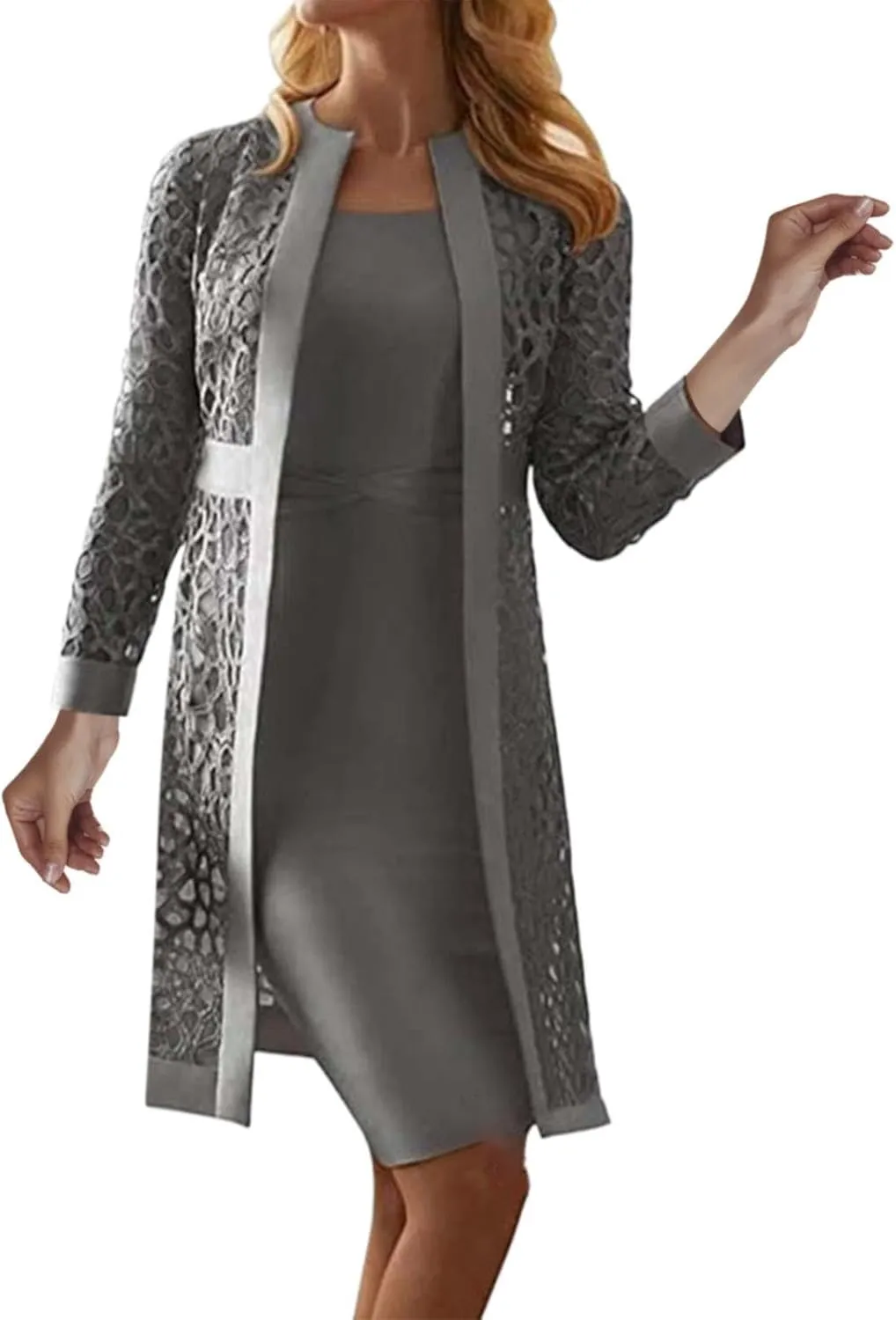 2 Pieces Mother of The Bride Dresses for Wedding with Jacket Knee Length Lace Applique Wedding Guest Dresses for Women