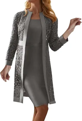2 Pieces Mother of The Bride Dresses for Wedding with Jacket Knee Length Lace Applique Wedding Guest Dresses for Women