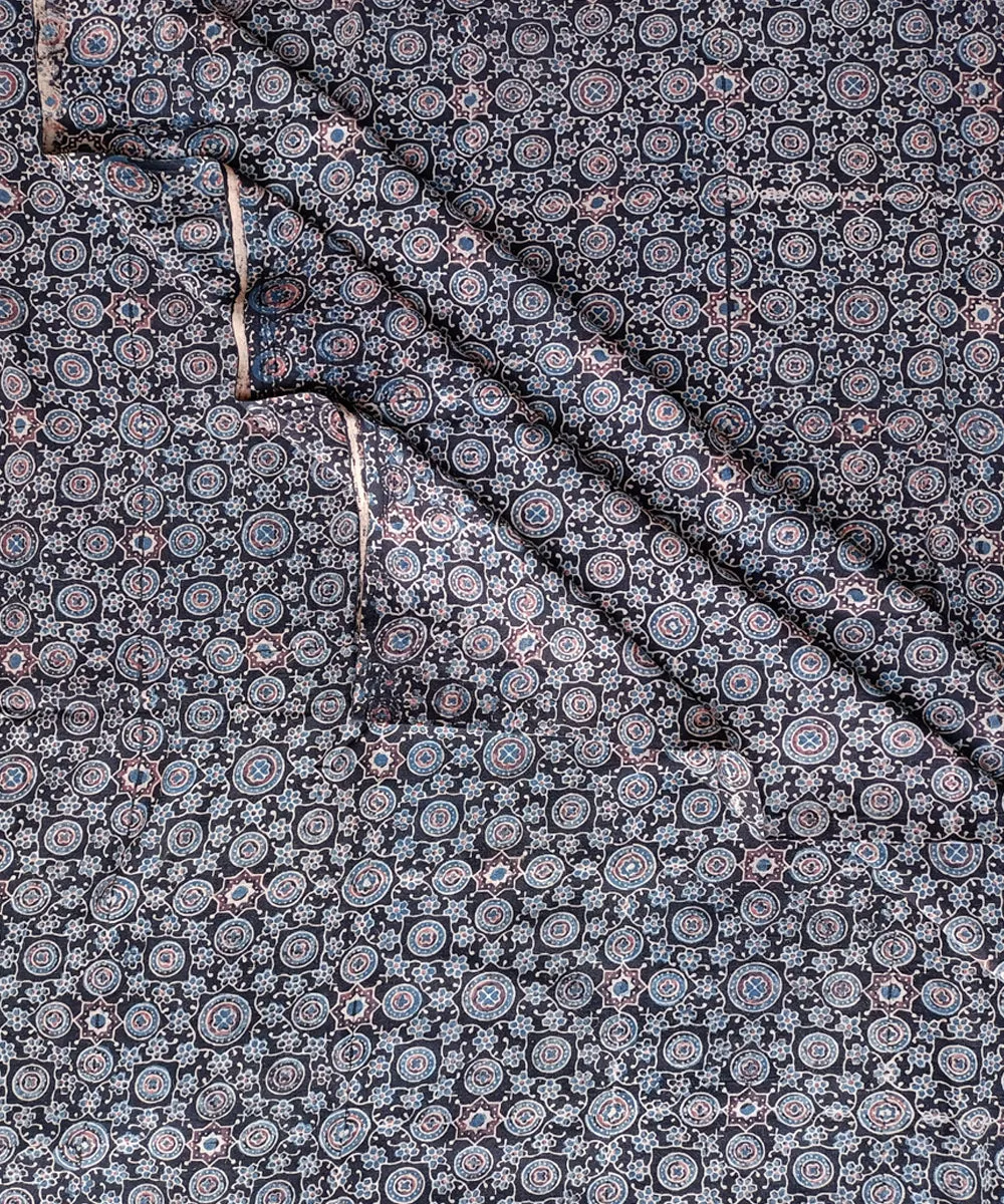 2.5m Black blue ajrakh print hand spun hand woven cotton kurta fabric