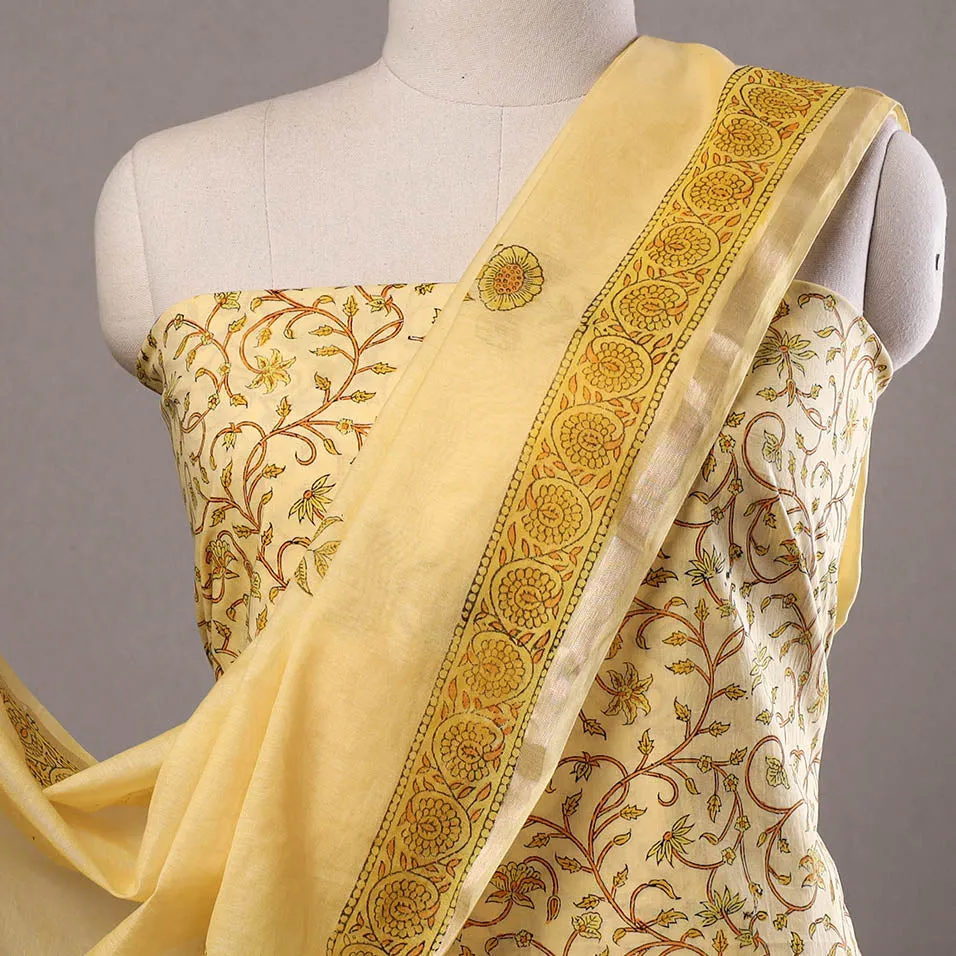 3pc Sanganeri Block Printed Cotton Suit Material with Chanderi Silk Dupatta 17
