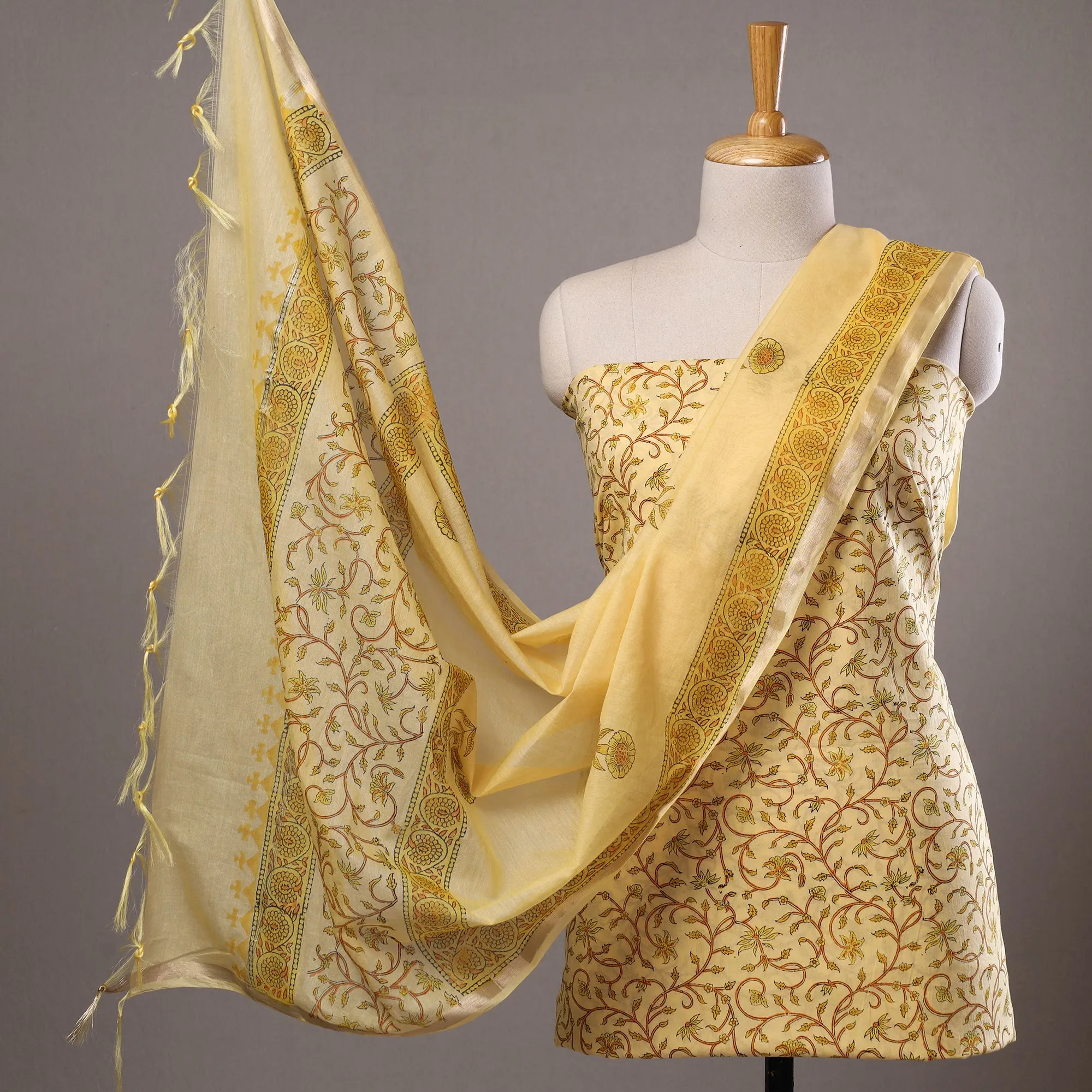 3pc Sanganeri Block Printed Cotton Suit Material with Chanderi Silk Dupatta 17