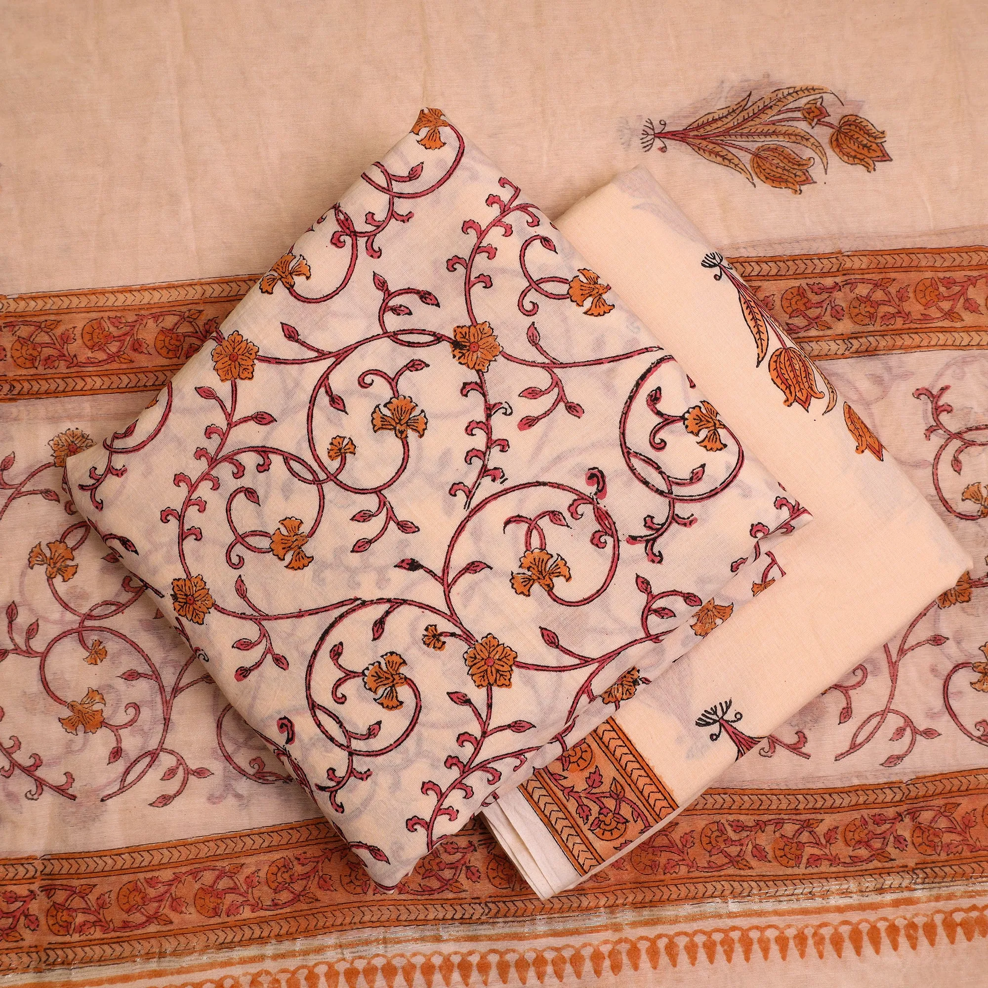3pc Sanganeri Block Printed Cotton Suit Material with Chanderi Silk Dupatta 19