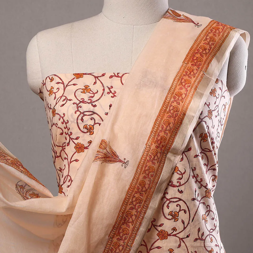 3pc Sanganeri Block Printed Cotton Suit Material with Chanderi Silk Dupatta 19