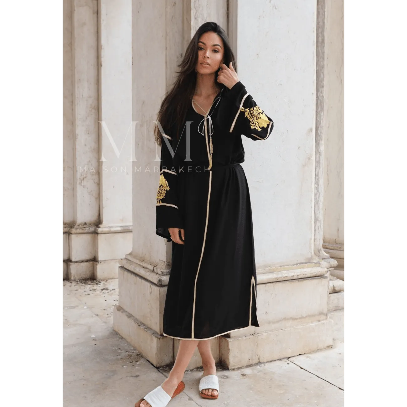 Adriana Black Gold Moroccan Cotton Embroidery Kaftan Caftan