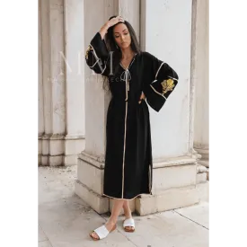 Adriana Black Gold Moroccan Cotton Embroidery Kaftan Caftan