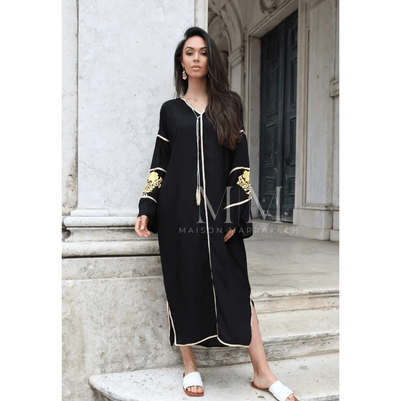 Adriana Black Gold Moroccan Cotton Embroidery Kaftan Caftan