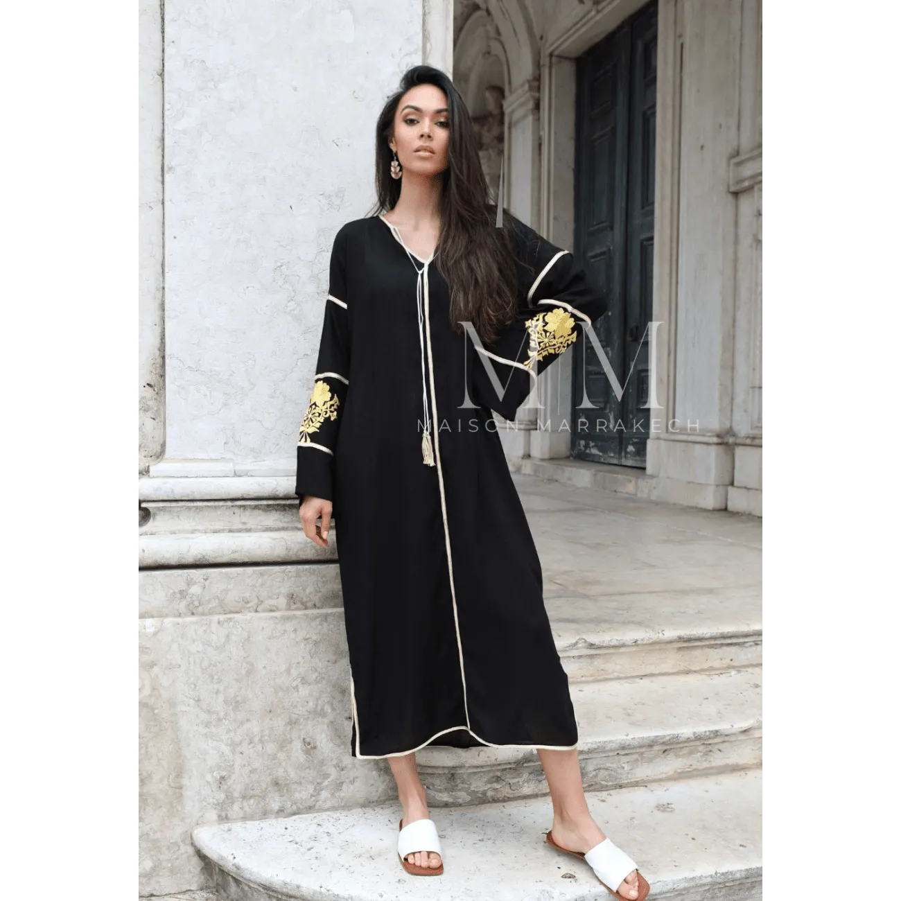 Adriana Black Gold Moroccan Cotton Embroidery Kaftan Caftan