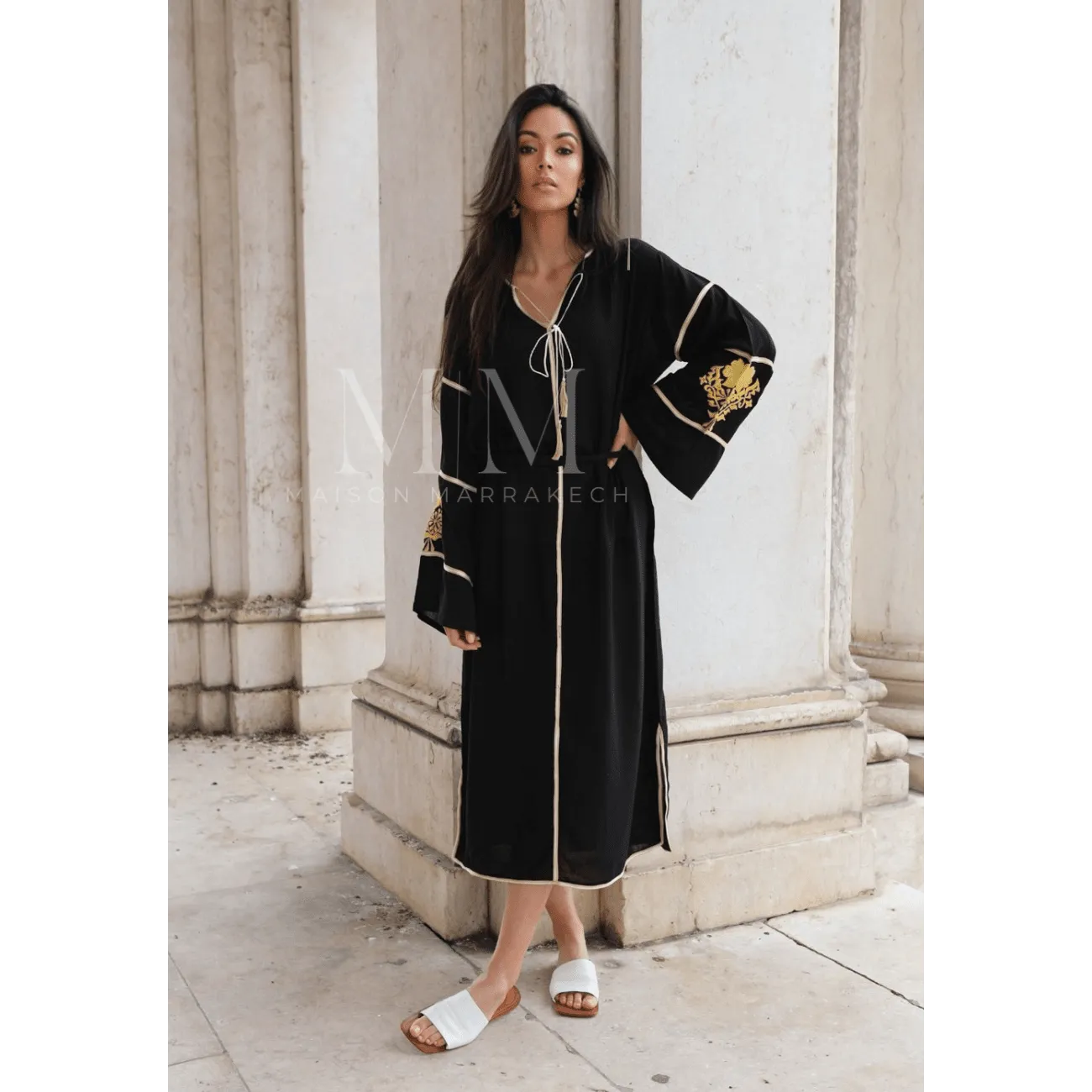 Adriana Black Gold Moroccan Cotton Embroidery Kaftan Caftan