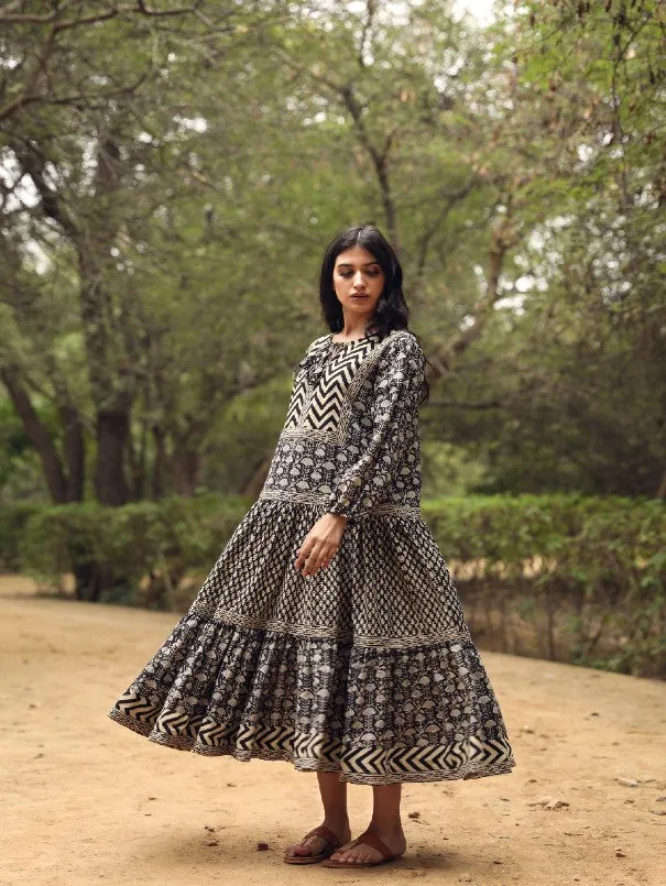 Ahana Black Block Printed Dress