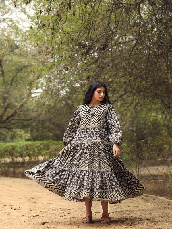 Ahana Black Block Printed Dress