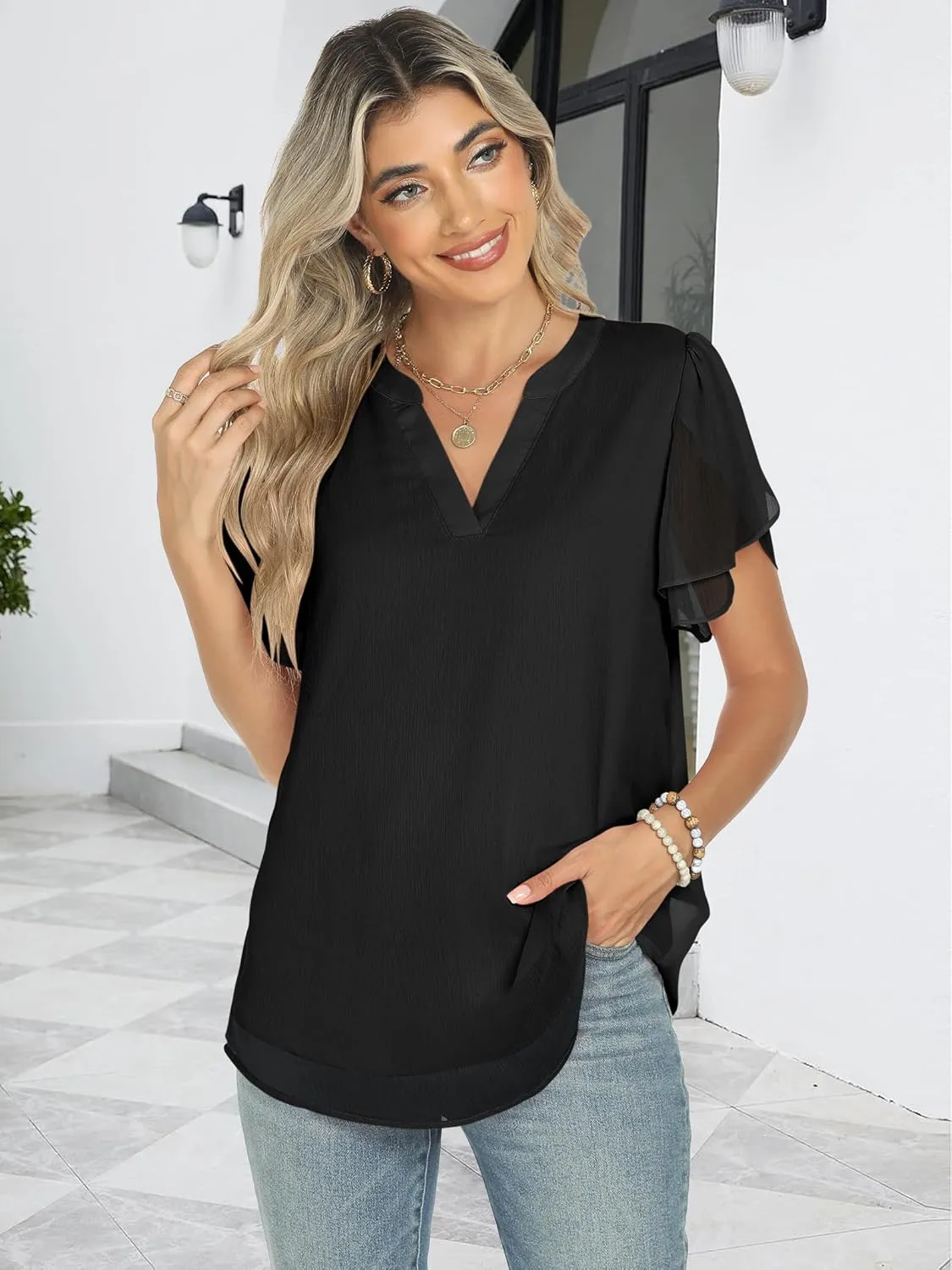 ANRABESS Womens Dressy Casual Blouses Chiffon V Neck Petal Short Sleeve Shirts 2025 Summer Business Work Tops