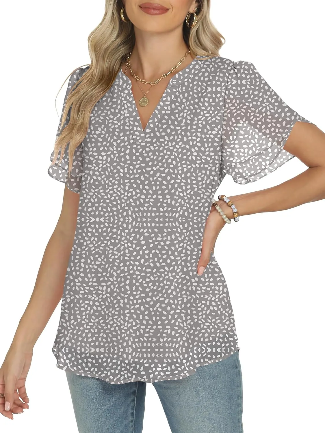 ANRABESS Womens Dressy Casual Blouses Chiffon V Neck Petal Short Sleeve Shirts 2025 Summer Business Work Tops