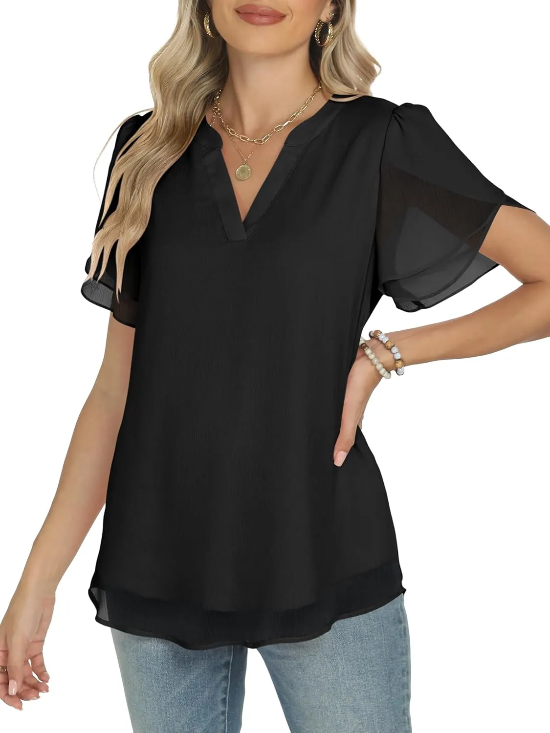 ANRABESS Womens Dressy Casual Blouses Chiffon V Neck Petal Short Sleeve Shirts 2025 Summer Business Work Tops