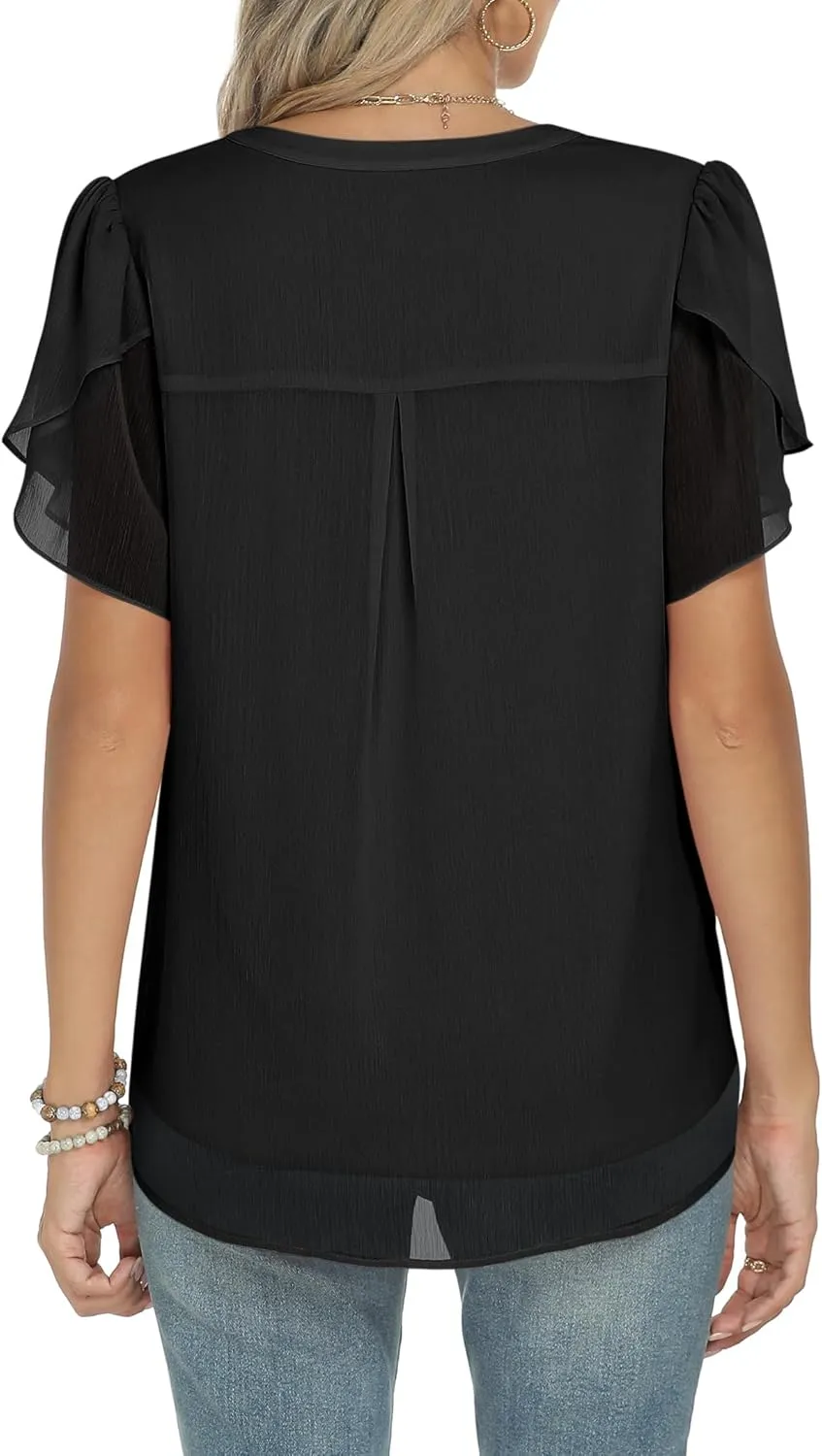 ANRABESS Womens Dressy Casual Blouses Chiffon V Neck Petal Short Sleeve Shirts 2025 Summer Business Work Tops