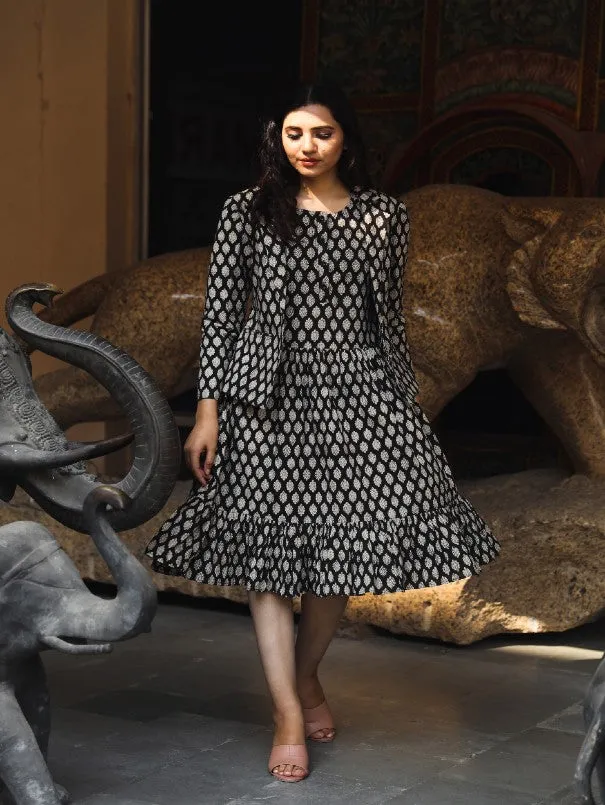 Aqsa Black Block Printed Cotton Jacket Dress (Set of 2)