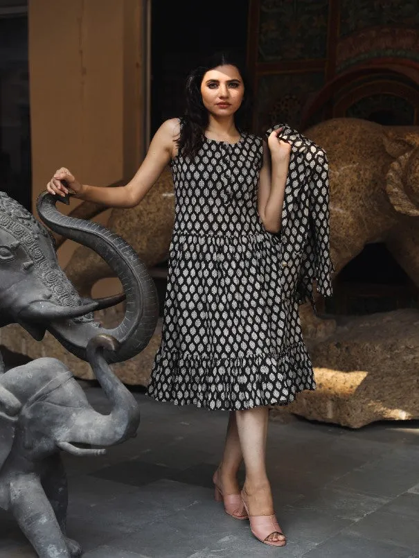 Aqsa Black Block Printed Cotton Jacket Dress (Set of 2)