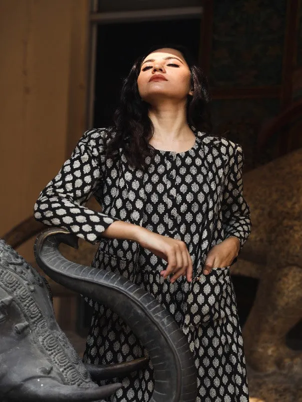 Aqsa Black Block Printed Cotton Jacket Dress (Set of 2)