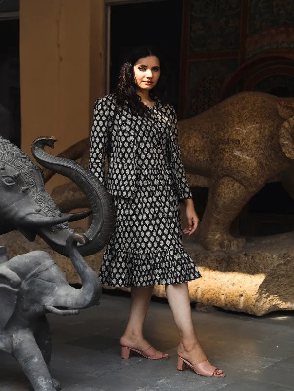 Aqsa Black Block Printed Cotton Jacket Dress (Set of 2)