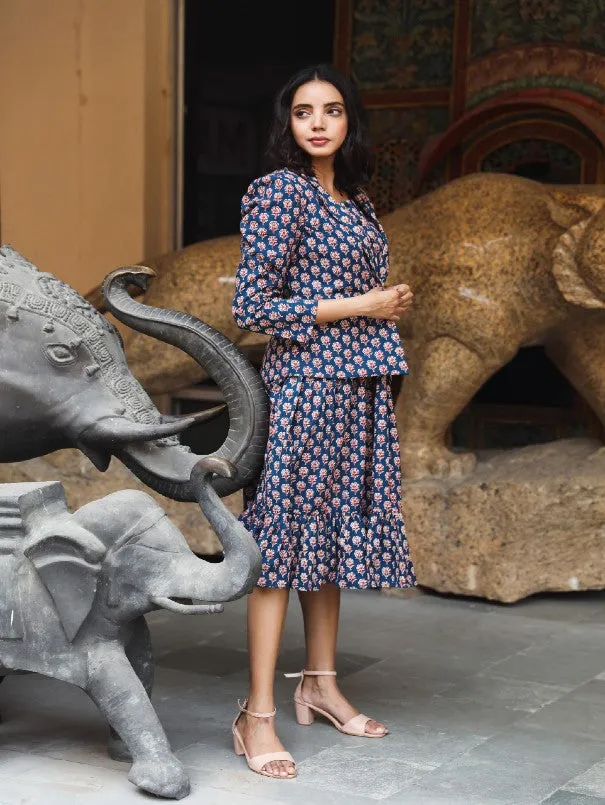 Aqsa Blue Block Printed Cotton Jacket Dress (Set of 2)