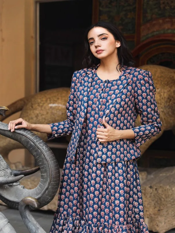 Aqsa Blue Block Printed Cotton Jacket Dress (Set of 2)