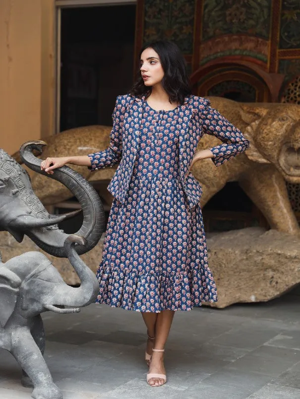 Aqsa Blue Block Printed Cotton Jacket Dress (Set of 2)