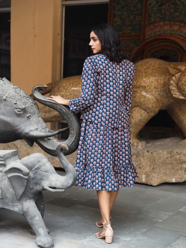 Aqsa Blue Block Printed Cotton Jacket Dress (Set of 2)