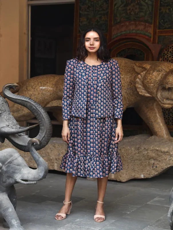 Aqsa Blue Block Printed Cotton Jacket Dress (Set of 2)