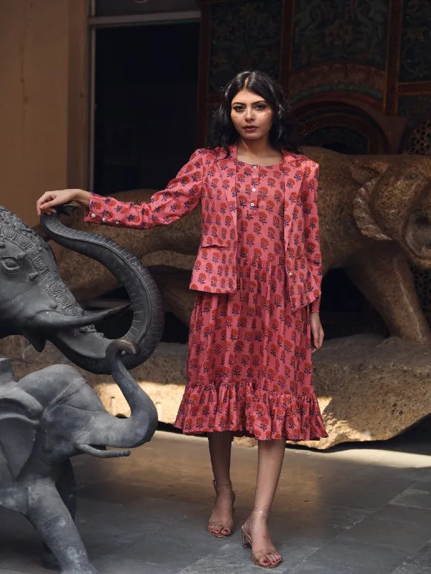 Aqsa Pink Block Printed Cotton Jacket Dress (Set of 2)