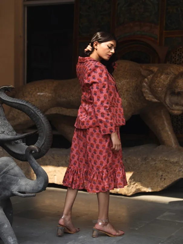 Aqsa Pink Block Printed Cotton Jacket Dress (Set of 2)