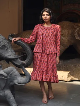 Aqsa Pink Block Printed Cotton Jacket Dress (Set of 2)