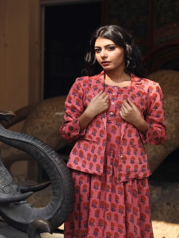 Aqsa Pink Block Printed Cotton Jacket Dress (Set of 2)