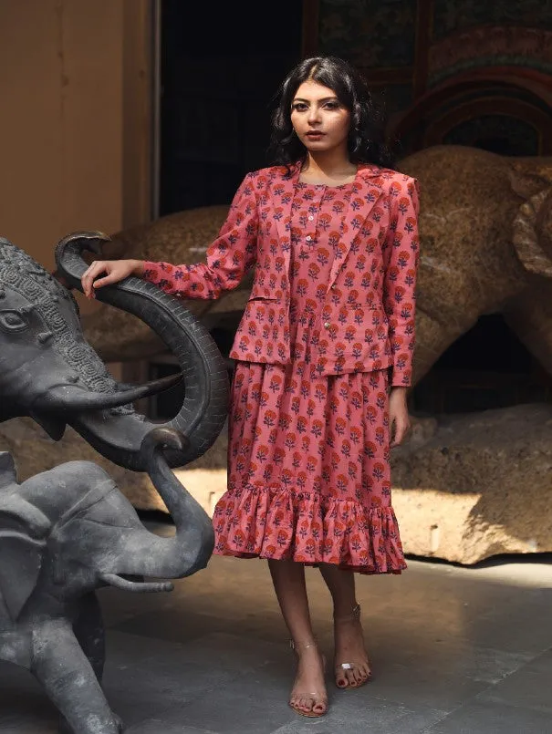 Aqsa Pink Block Printed Cotton Jacket Dress (Set of 2)