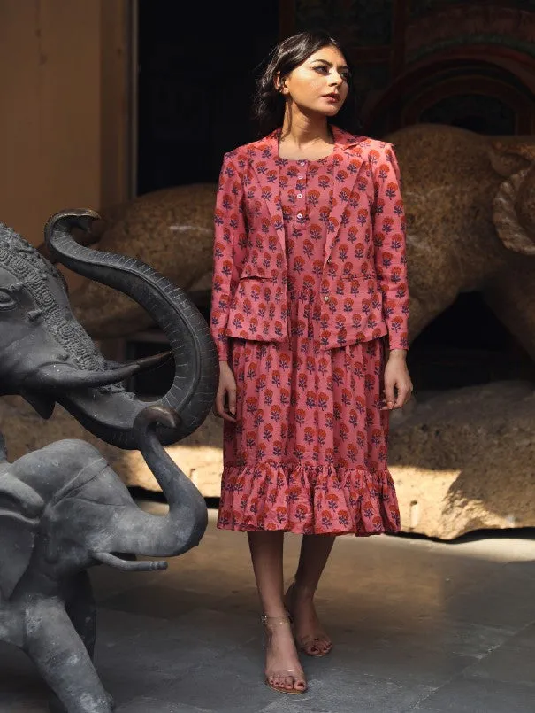 Aqsa Pink Block Printed Cotton Jacket Dress (Set of 2)