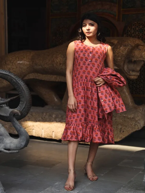 Aqsa Pink Block Printed Cotton Jacket Dress (Set of 2)