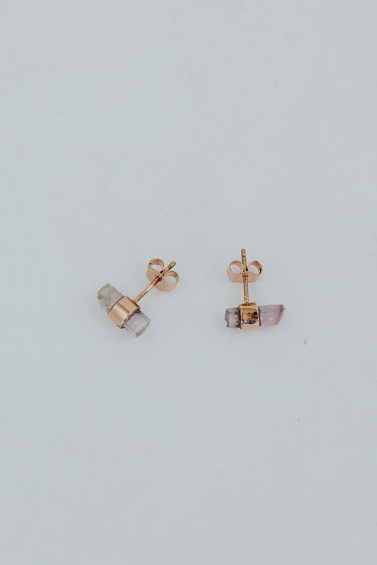 Banded Crystal Studs - Pink Tourmaline 14k Rose Gold