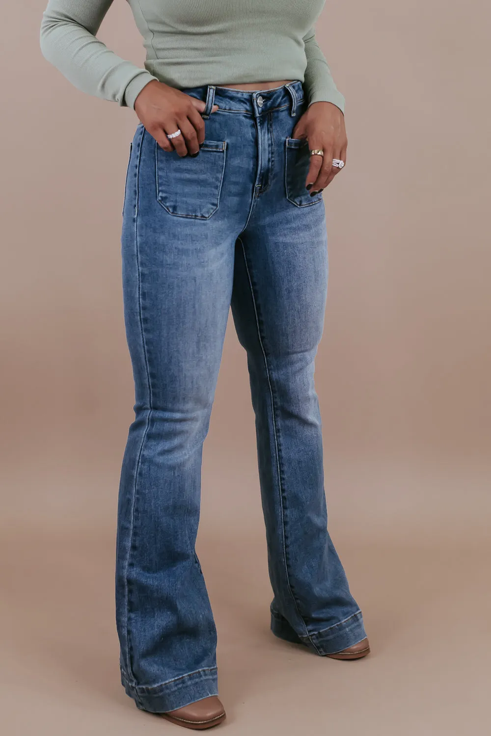 Beau Bell Bottom Trouser, Medium Wash RISEN