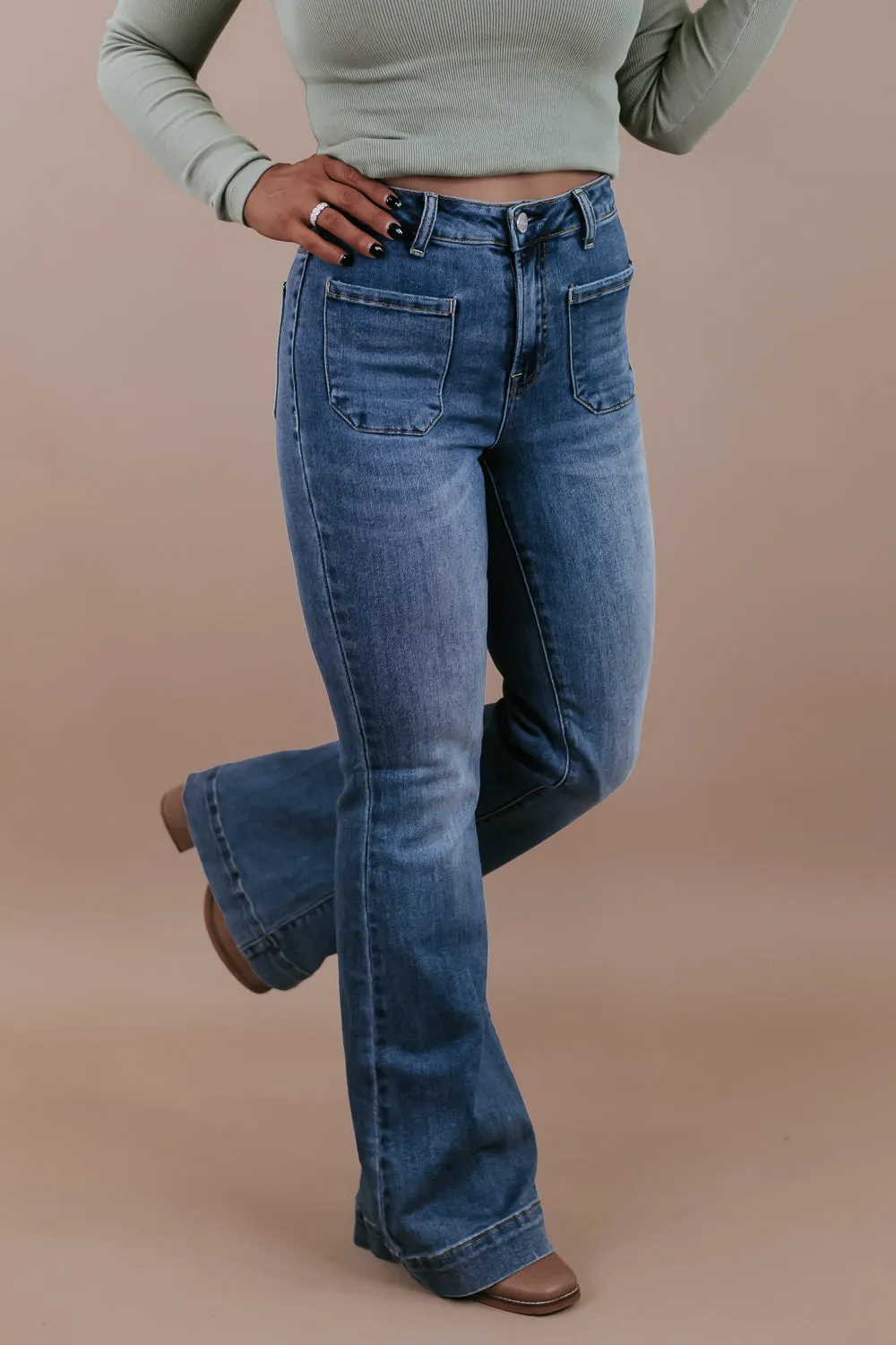 Beau Bell Bottom Trouser, Medium Wash RISEN
