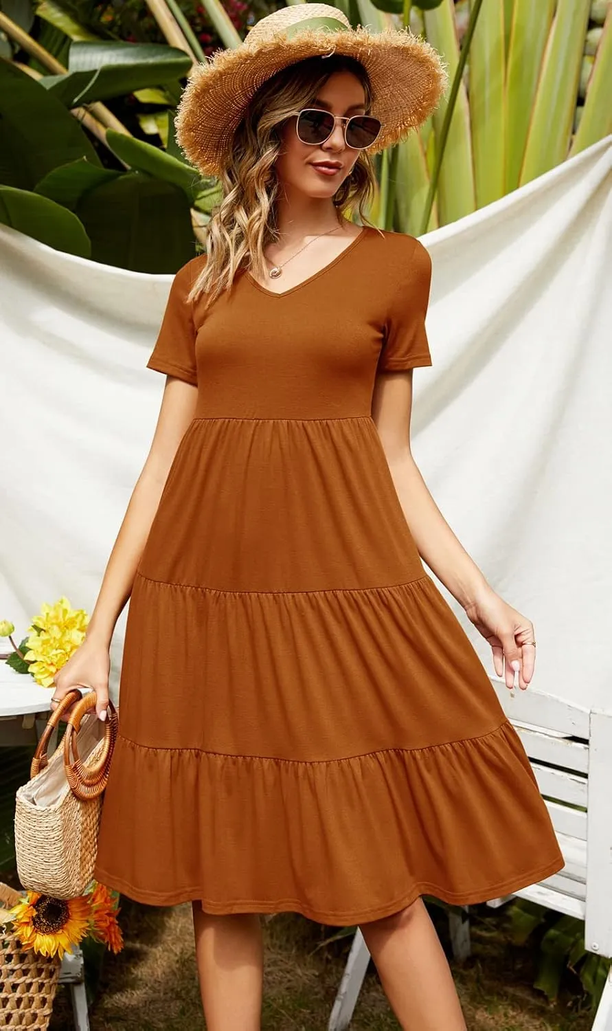 Berydress Women's Casual Summer Tiered Midi Dress 2025 Short Sleeve V-Neck Loose Cotton Ruffle Babydoll Dress Boho Sundress