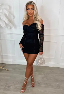 Bijoux Black Mesh Long Sleeve Ruched Corset Mini Dress