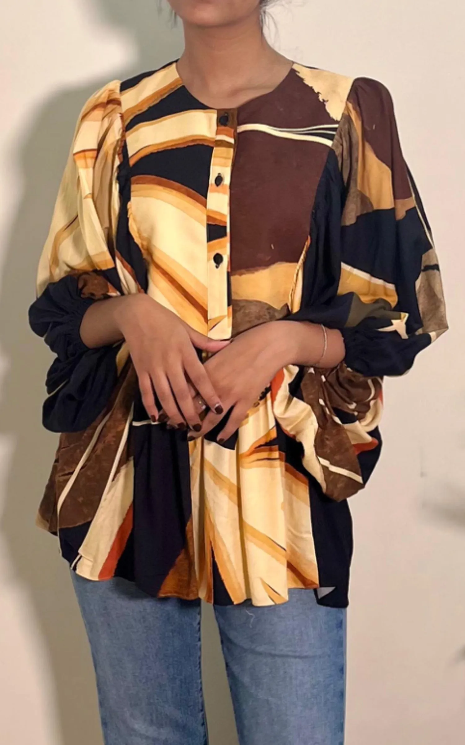 Black And Beige Abstract Printed Top