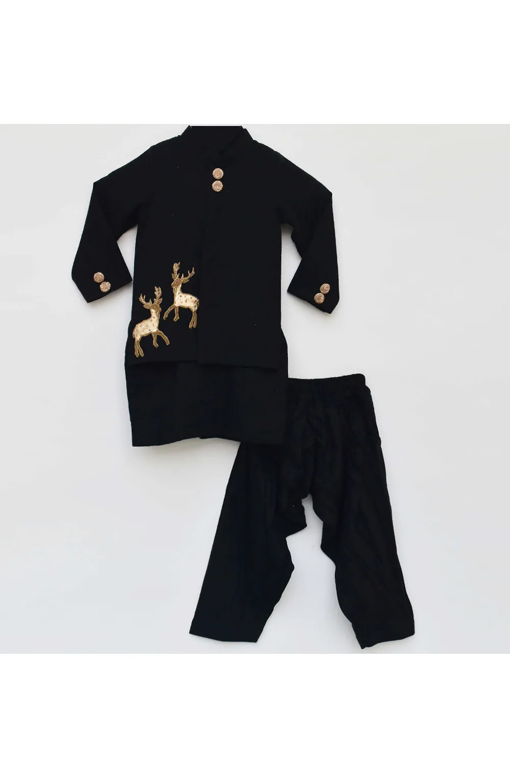 Black deer embroidered jacket with kurta set