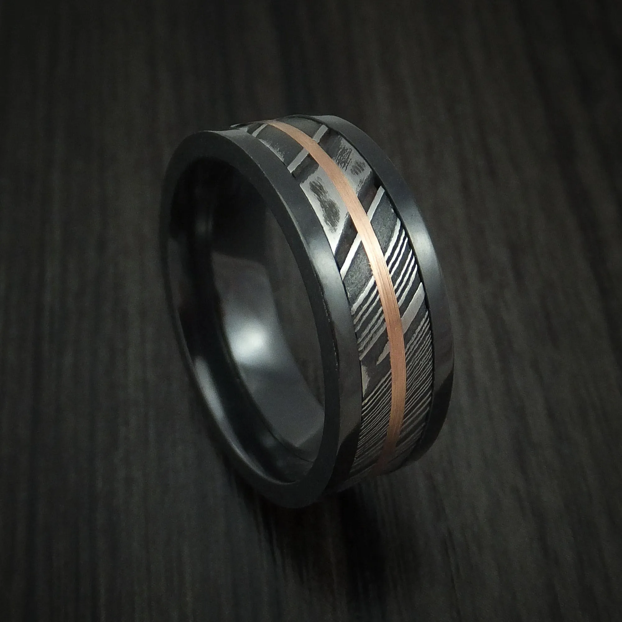 Black Titanium and Kuro Damascus Steel Band 14K Rose Gold Center Custom Made Men's Ring
