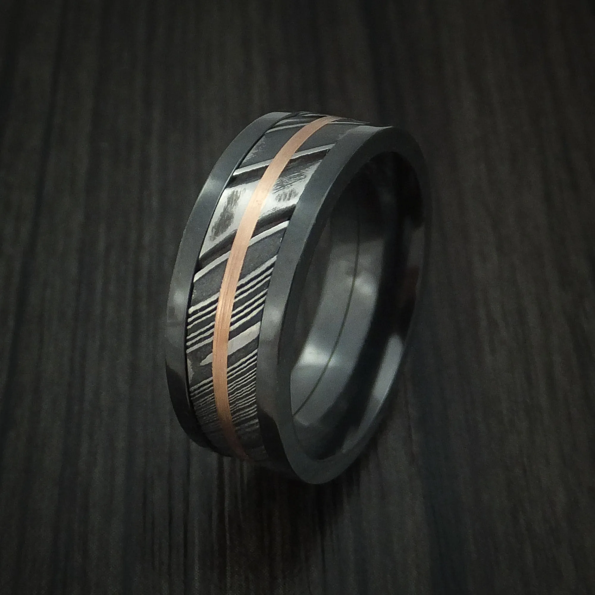 Black Titanium and Kuro Damascus Steel Band 14K Rose Gold Center Custom Made Men's Ring