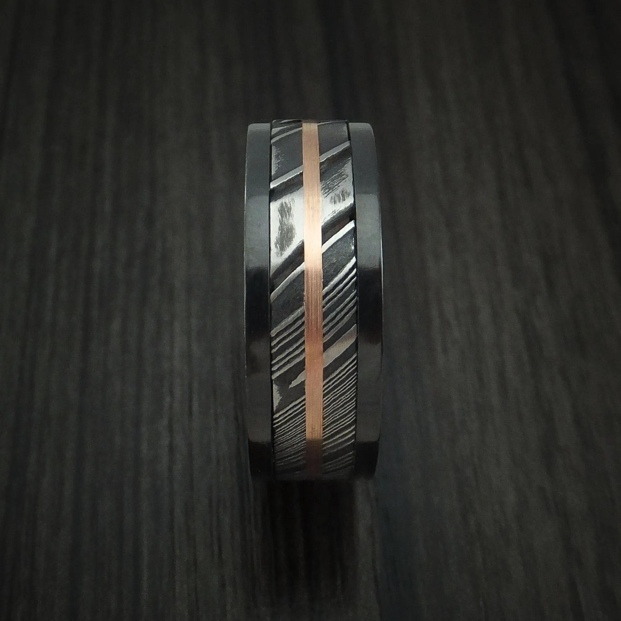 Black Titanium and Kuro Damascus Steel Band 14K Rose Gold Center Custom Made Men's Ring