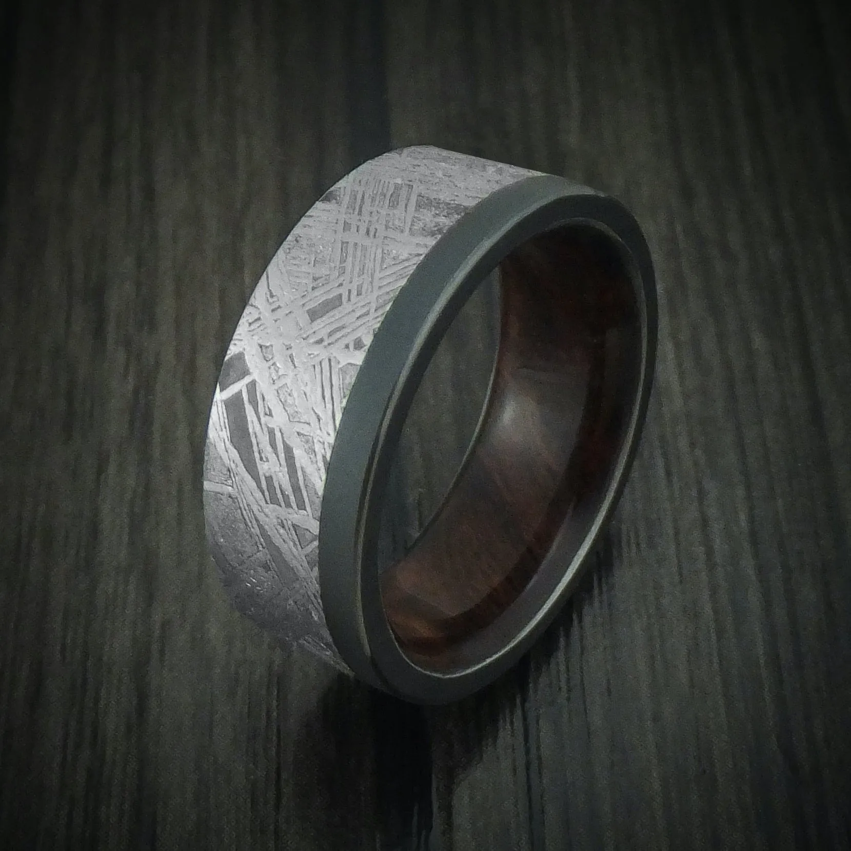 Black Titanium and Meteorite Men's Ring with Hardwood Sleeve Custom Made Band