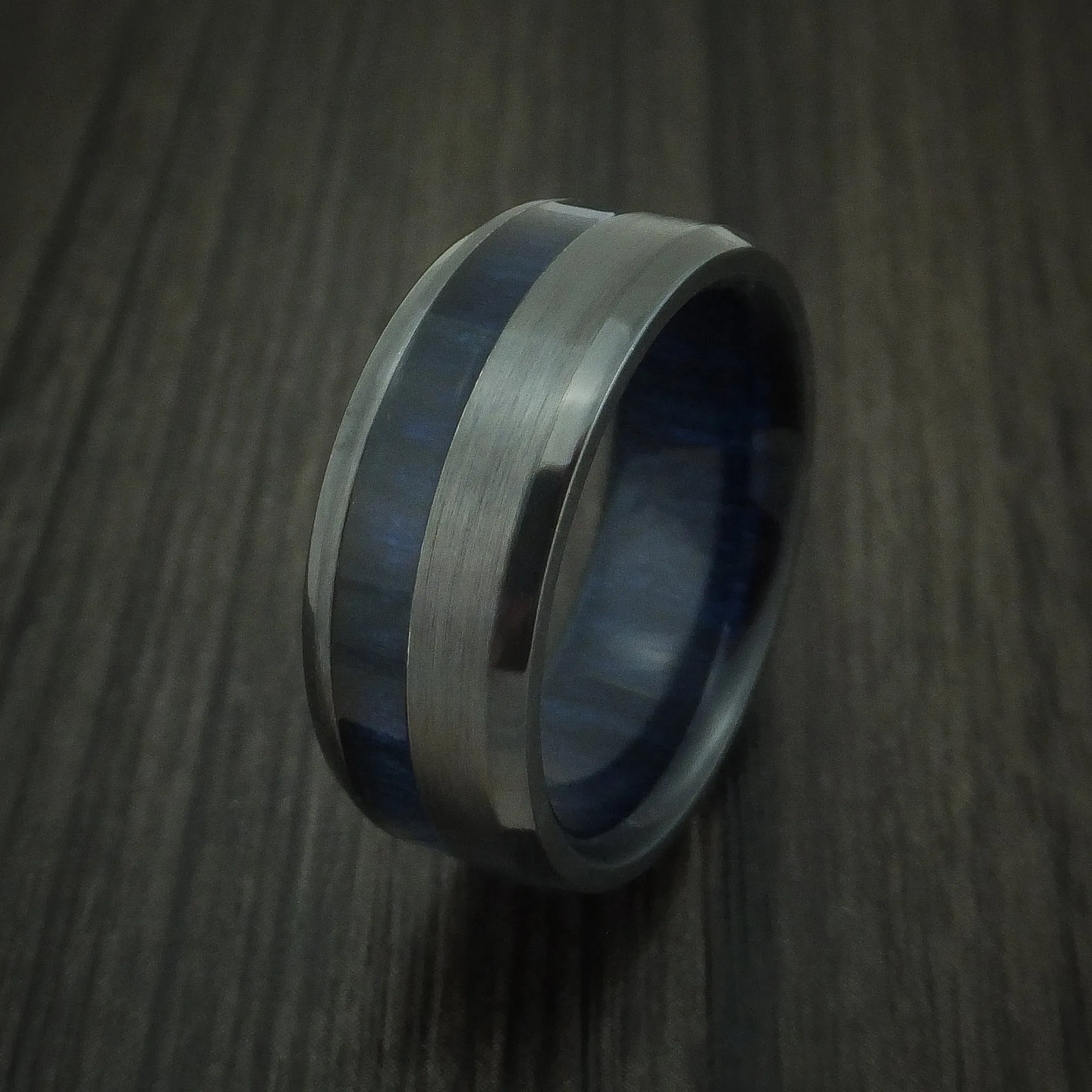 Black Zirconium and Blueberry Wood Men's Ring Custom Made Band