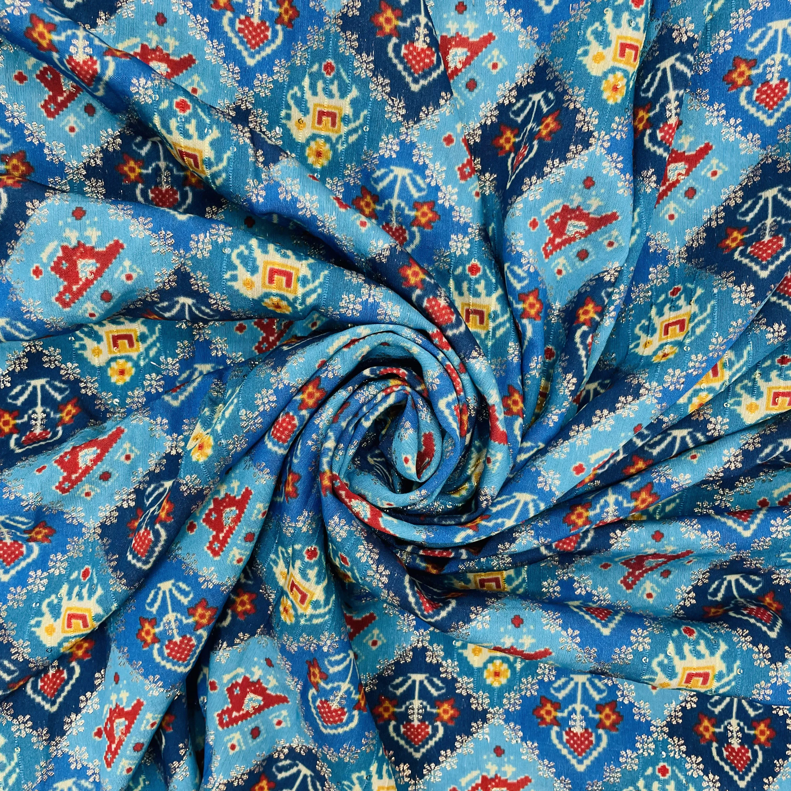 Blue ikkat patola with gold foil Chanderi Jacquard Fabric