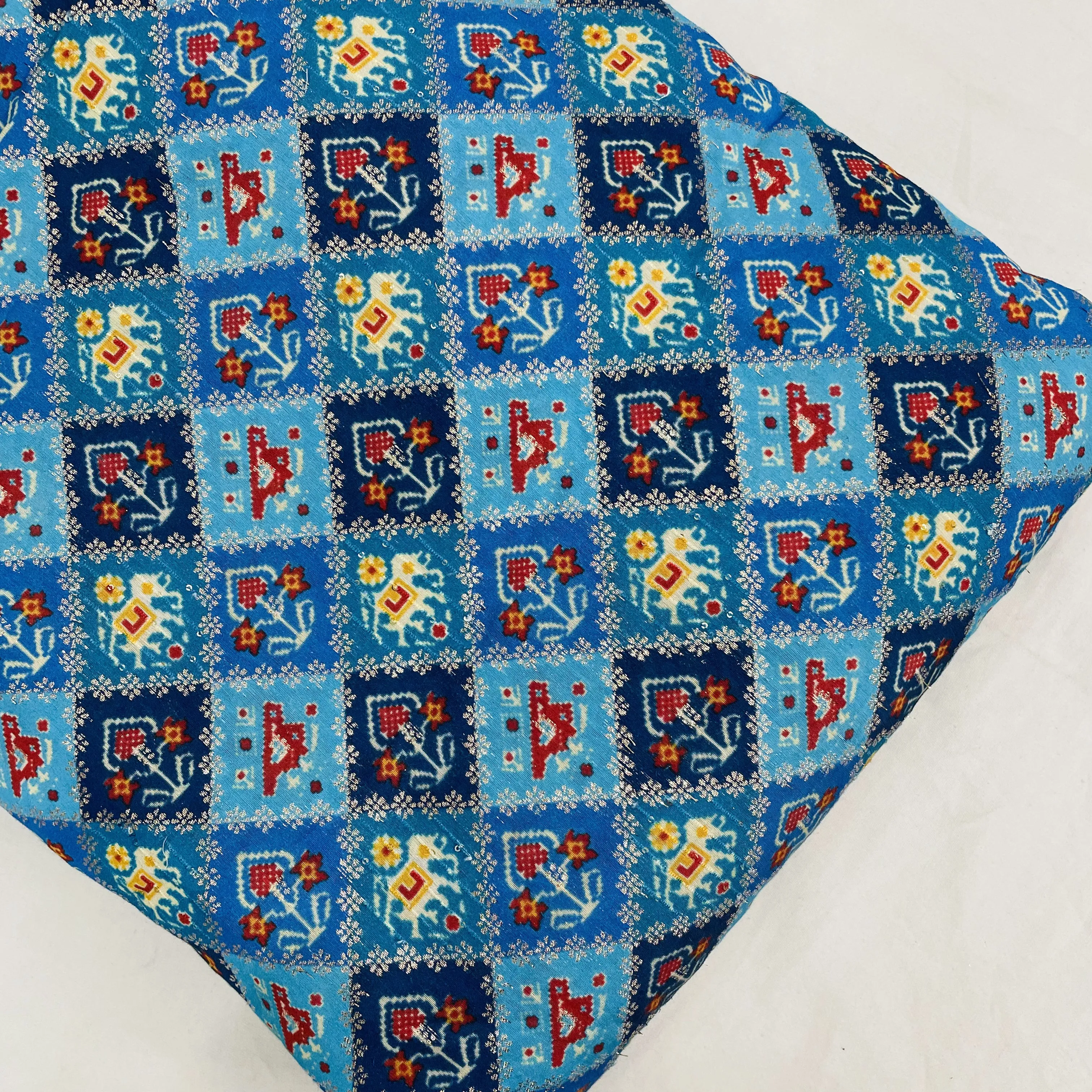 Blue ikkat patola with gold foil Chanderi Jacquard Fabric